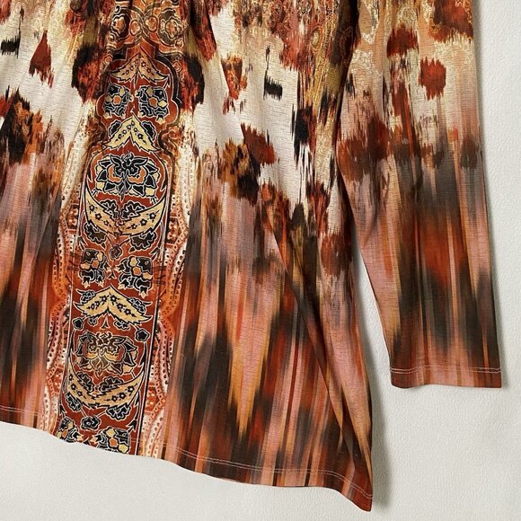 One World Womens Tunic Top Sz L Orange Brown Boho Open Crochet V-neck Fall L/S - Picture 5 of 12